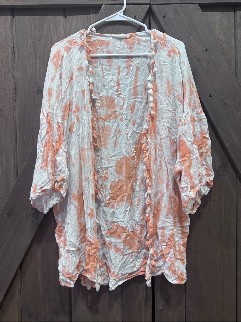 Lightweight White & Peach Tie-Dye Open Front Kimono